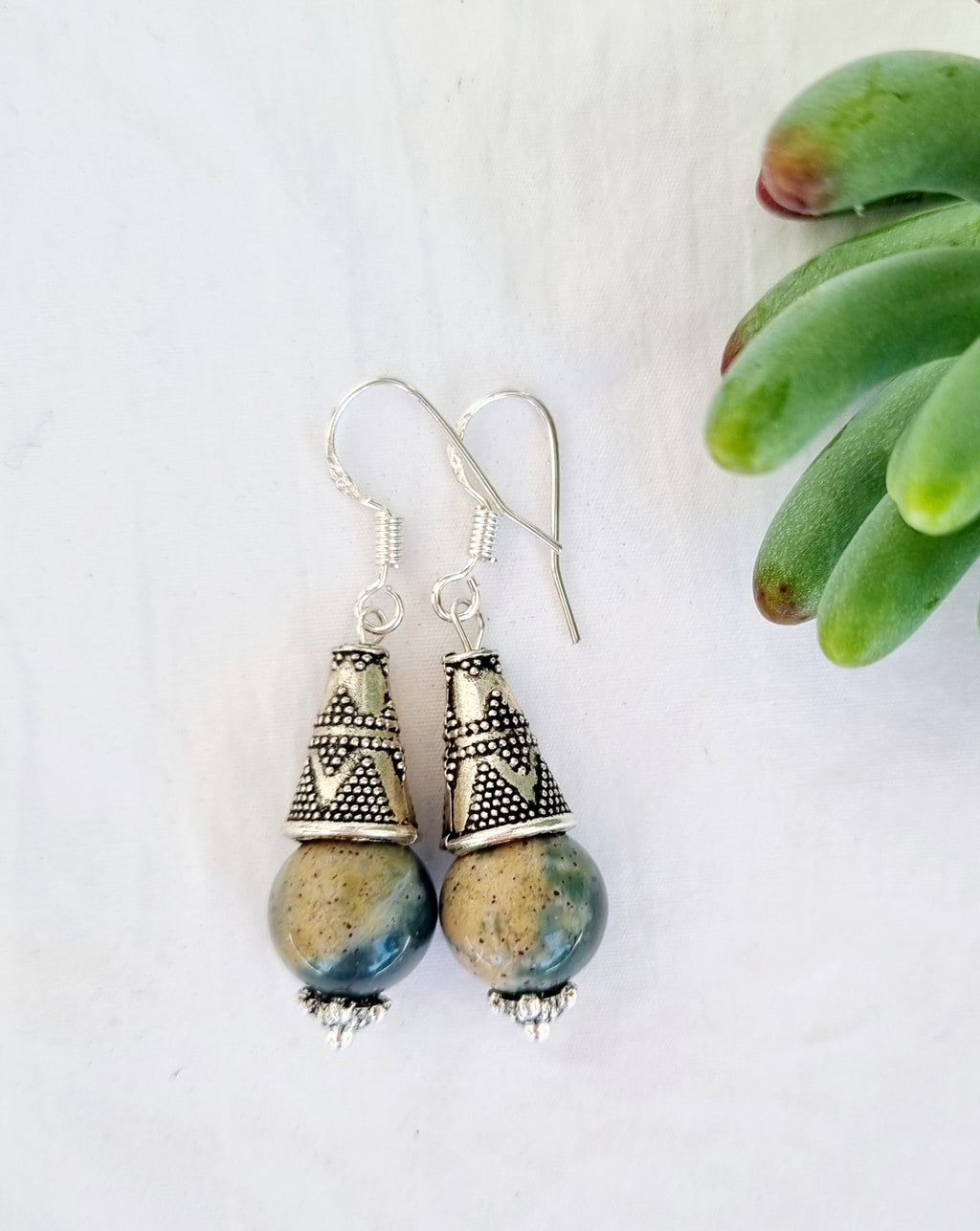 Campfire Agate Crystal Drop Earrings with Silver Hock