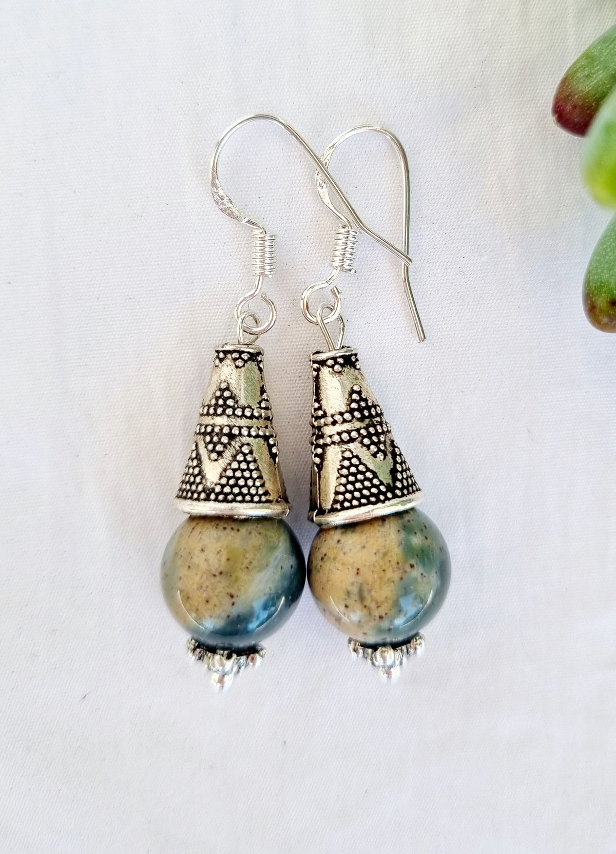 Campfire Agate Crystal Drop Earrings with Silver Hock