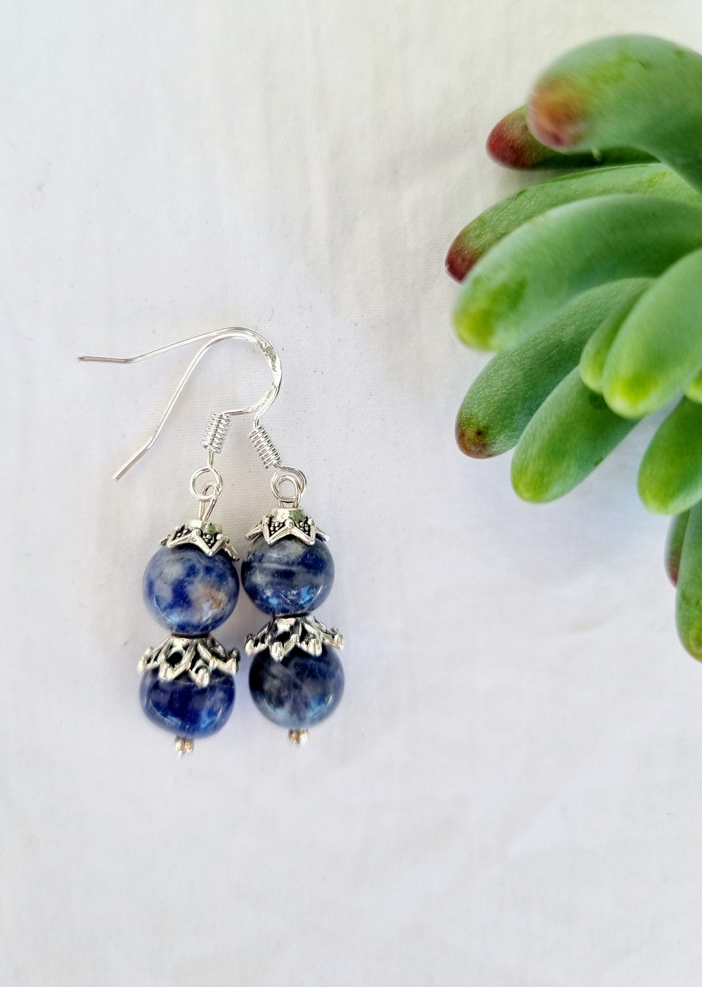 Lapis Crystal Stone Drop Earrings with Silver Hock