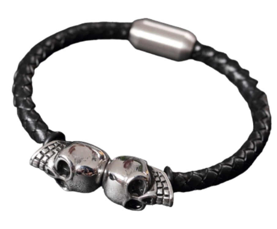 Men Punk Skull Leather Stainless Steel Bracelet