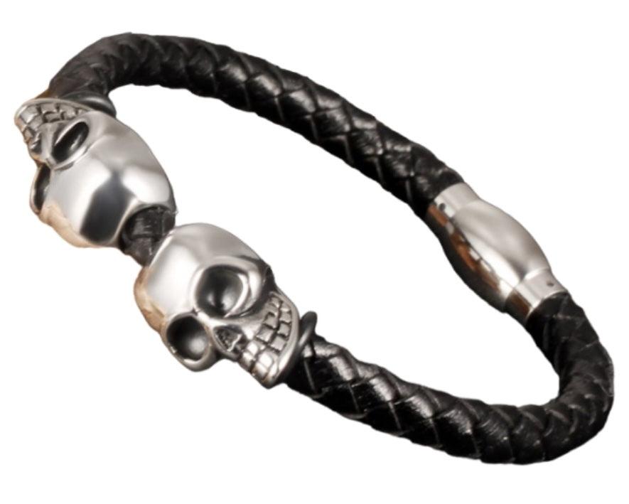 Men Punk Skull Leather Stainless Steel Bracelet