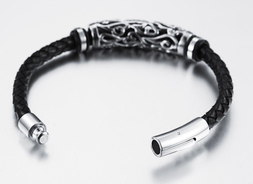 Flower Hollow Stainless Steel Woven Black Braid  Leather Bracelet