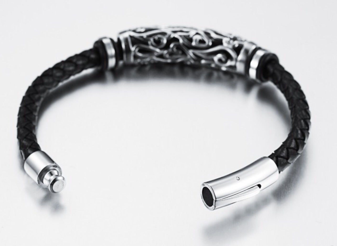 Flower Hollow Stainless Steel Woven Black Braid  Leather Bracelet