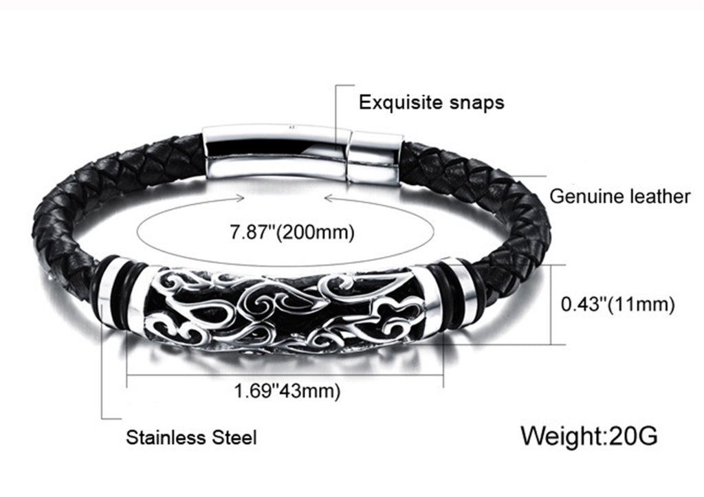Flower Hollow Stainless Steel Woven Black Braid  Leather Bracelet