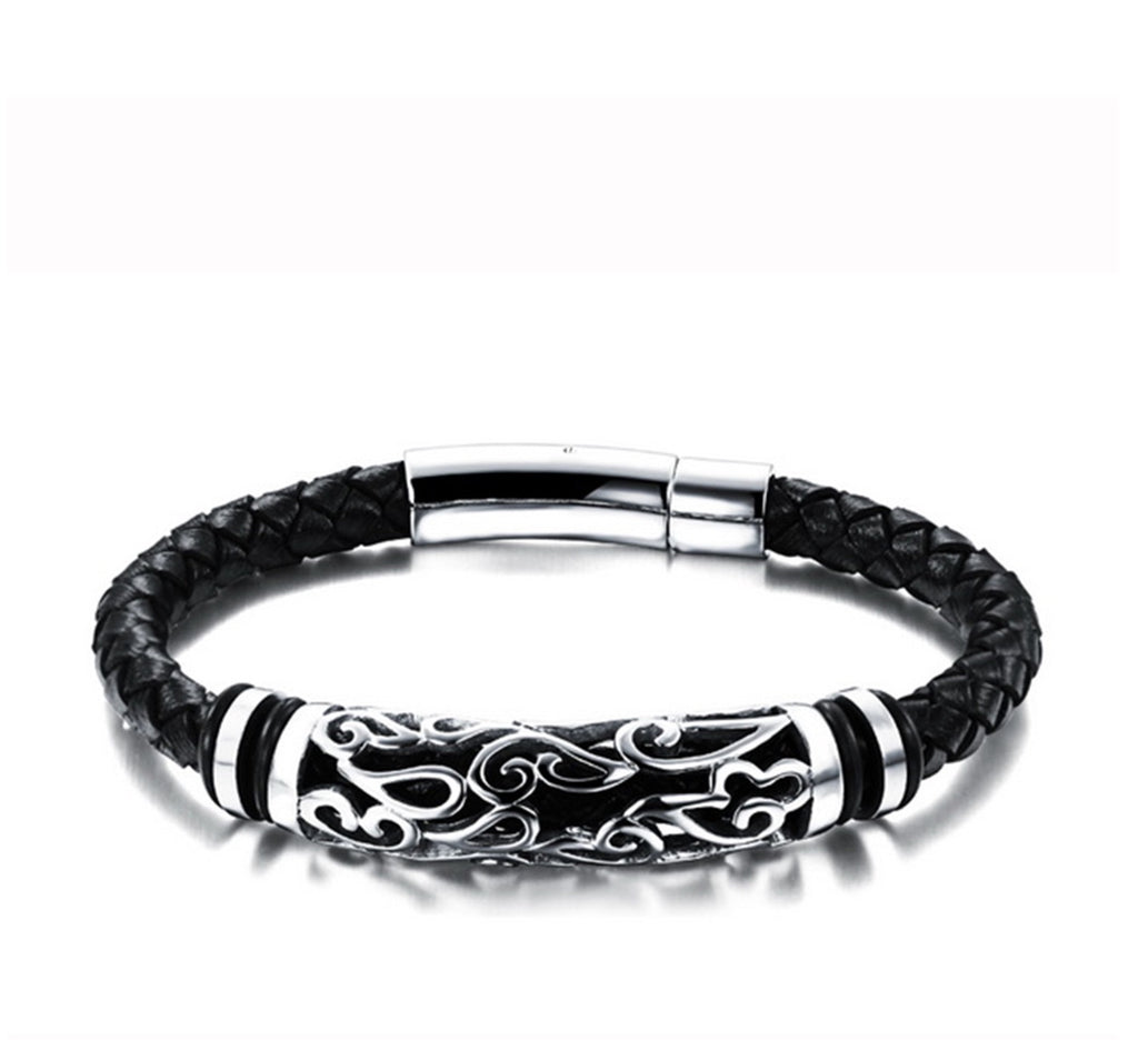 Flower Hollow Stainless Steel Woven Black Braid  Leather Bracelet