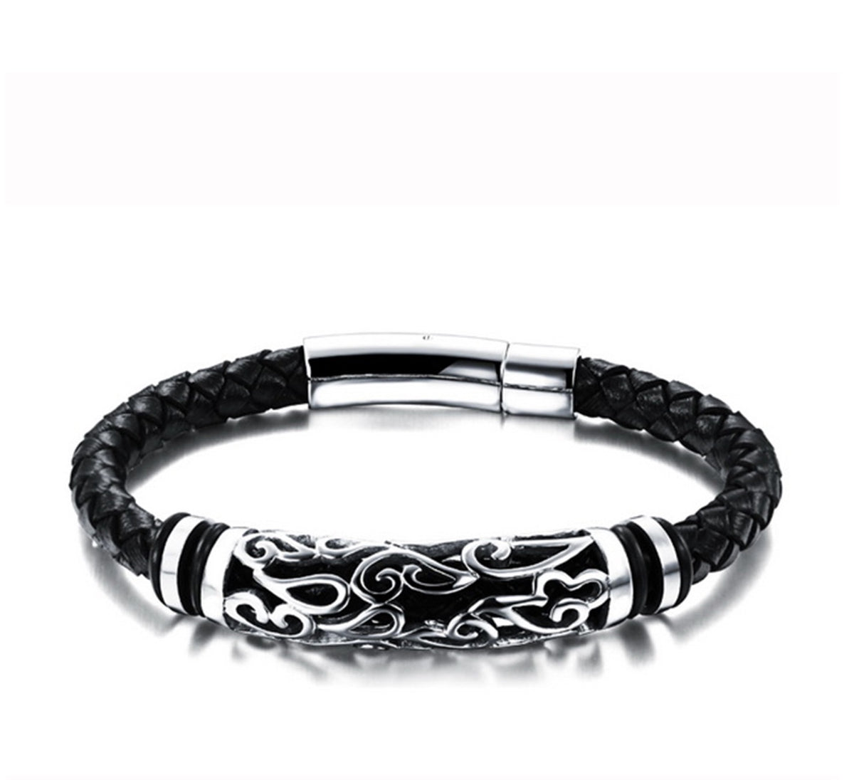 Flower Hollow Stainless Steel Woven Black Braid  Leather Bracelet