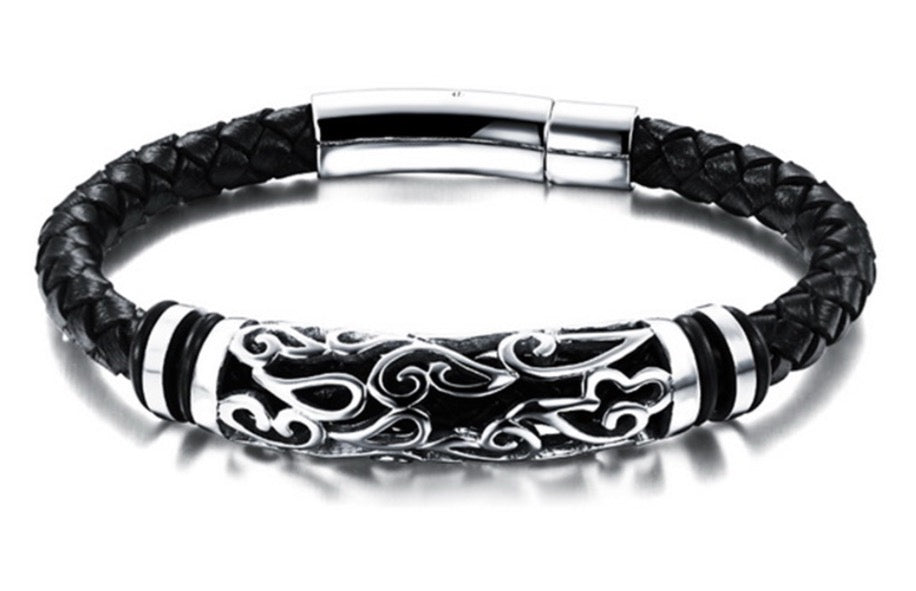 Flower Hollow Stainless Steel Woven Black Braid  Leather Bracelet